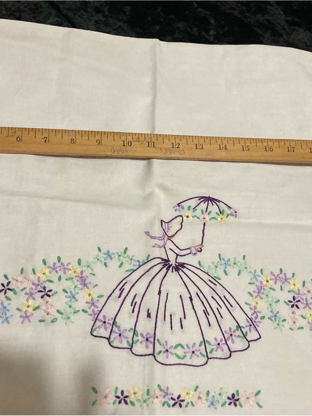 Vintage  Pillowcase w Embroidered Lady and Floral Details Southern Bell 21x17”